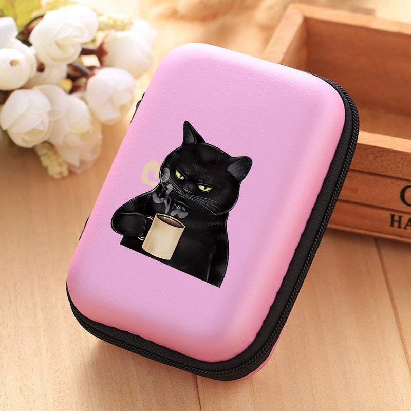 Grumpy Black Cat with Coffee Cup Print Hard Shell Electronics Organizer, Shockproof Carrying Case for Cables, Earphones, Chargers, Ideal Gift for Travel & Daily Use，4.33 * 3.14 * 1.57 inch/SNB02-026 Pink-026