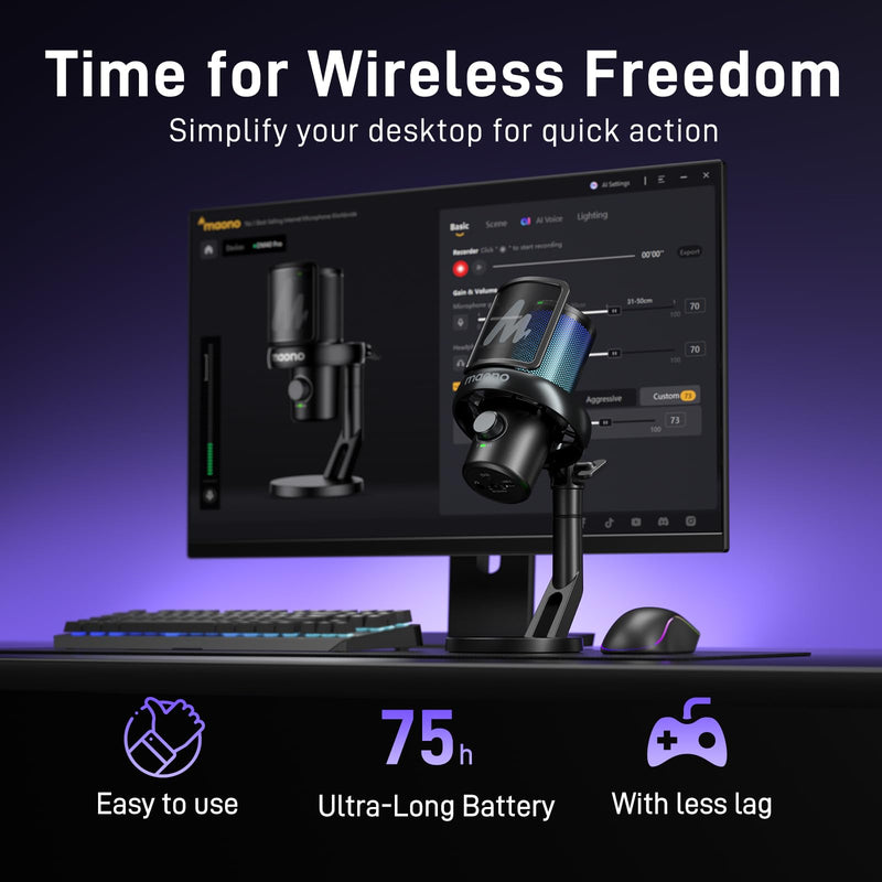 MAONO Wireless Gaming Microphone for PC, Condenser USB Mic with Software AI Voice Change,3-Level Noise Cancellation,Custom RGB, for Streaming Recording Podcast PS5 PS4 Twitch YouTube (DM40 Pro-Black) DM40 Pro AI Mic DM40Pro Black