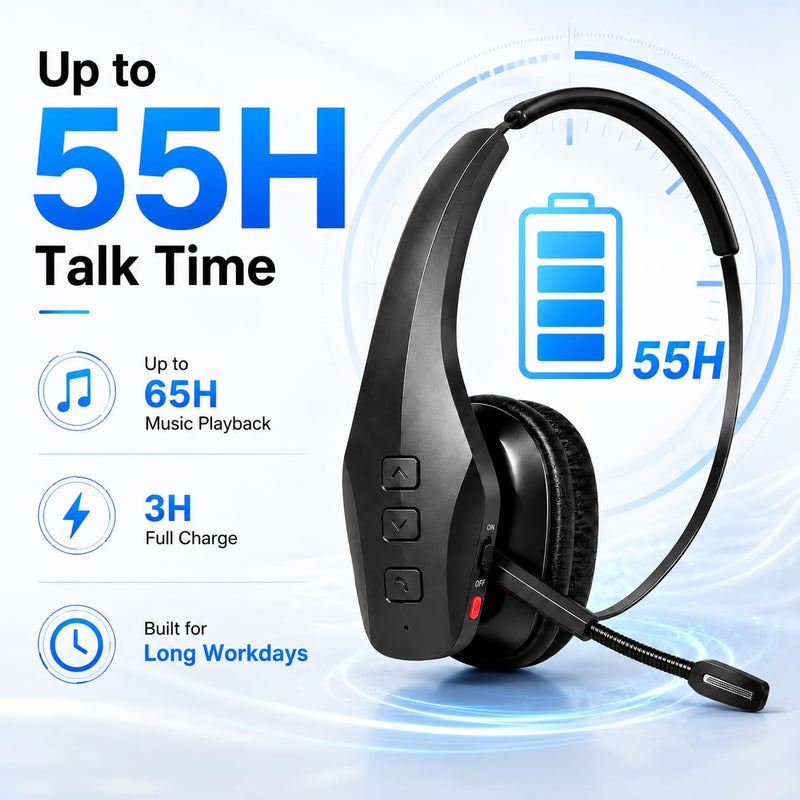 Bytewaveshop Trucker Bluetooth Headset with Mic, 55H Talk Time Wireless Headset, 99% Noise Cancelling Headphones with 270° Adjustable Mic, Bluetooth 6.0, Dual Device for Truck Drivers, Calls, Driving