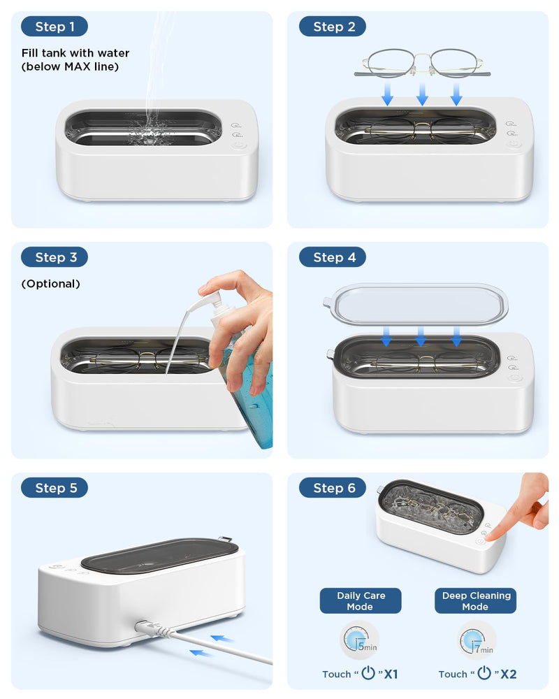 Ultrasonic Jewelry Cleaner Machine: 48KHz Ultra Sonic Cleaner for Jewelry,Eyeglass,Rings,Watch Band,Dentures,with Dual Cleaning Modes,350ML 304 Stainless Steel Tank,Gift for Wife,Mom,Daughter White
