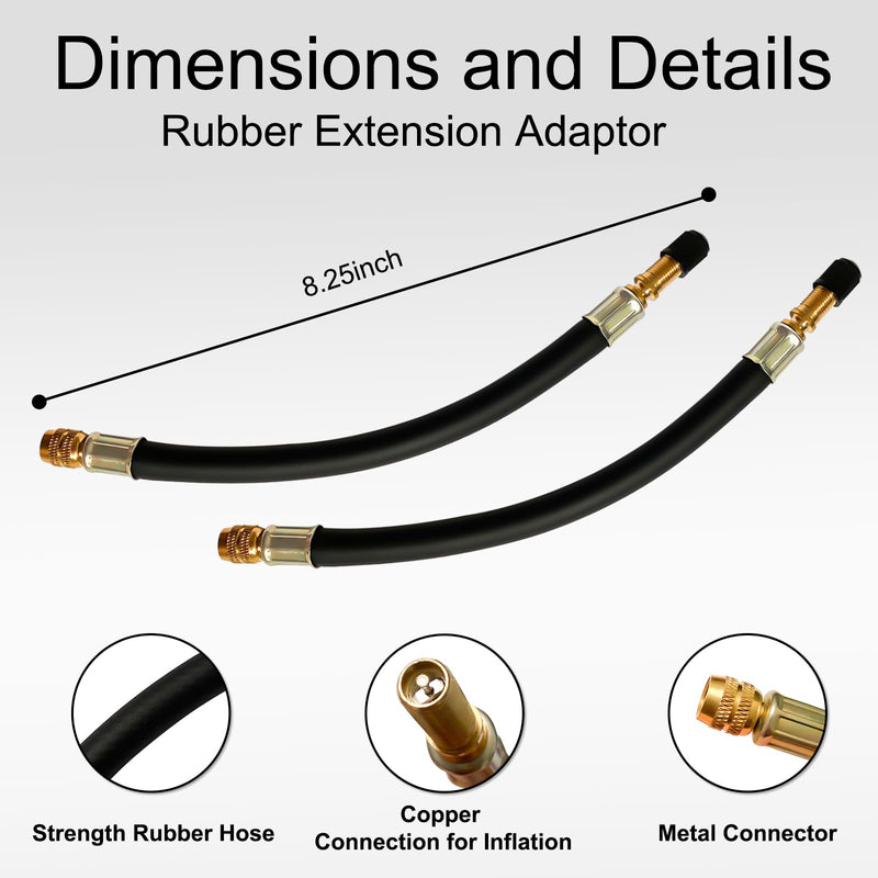 Valve Stem Extension, 2pcs 8.25 Inch Flexible Tire Valve Extender with 2pcs 90 Degree Brass Tire Valve Extension Adaptors, for Universal RV Cars Truck Motorcycle Bike Scooter