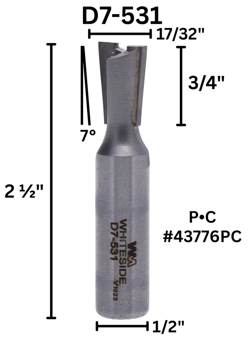 Whiteside D7-530 7 Degree Angle Dovetail Router Bit: 17/32 Inch Large Diameter, 3/4 Inch Cut Depth, 1/4 Inch Shank, 2-1/4 Inch Overall Length