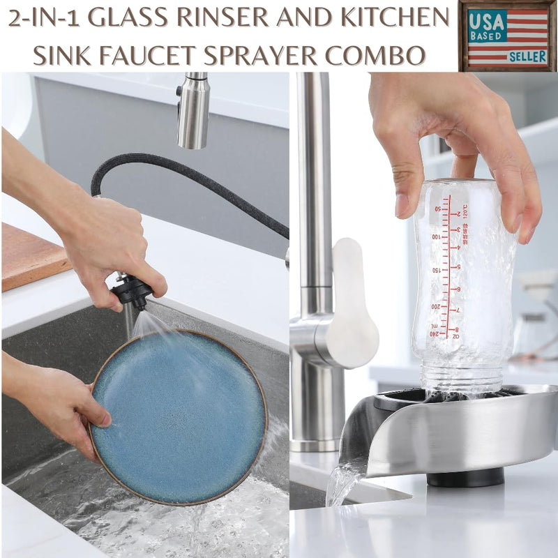 2 in1 Glass Rinser for Kitchen Sink - Stainless Steel Cup Cleaner - Counter Top Bottle Washer - Kitchen Sink Accessories - Attachements - Sink Sprayer (Nickel) Nickel