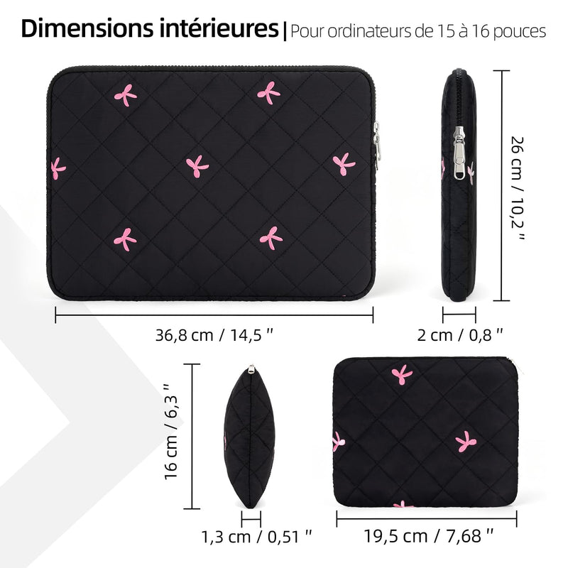 15-16 Inch Laptop Sleeve, Bow Embroidered with Pouch, Black | Quilted Shockproof Padding, Scratch-Resistant Lining, Water Resistant Fabric, Accessory Pouch, Slim for Work, School & Travel 15-16 Inch