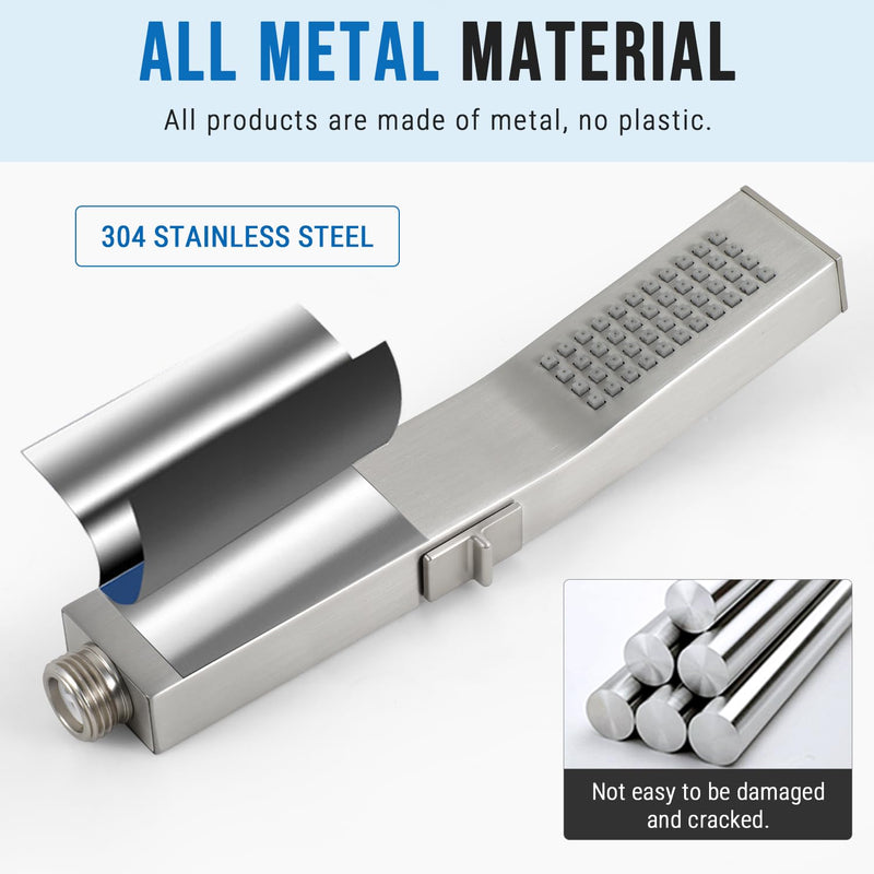 G-Promise All Metal Square 2 Function Handheld Shower Head, with Side Push Switch, Easy and Quick Switch to Power Wash Mode, Bathroom Shower Wand Design Exquisite Luxury, 2.5 GPM, Brushed Nickel