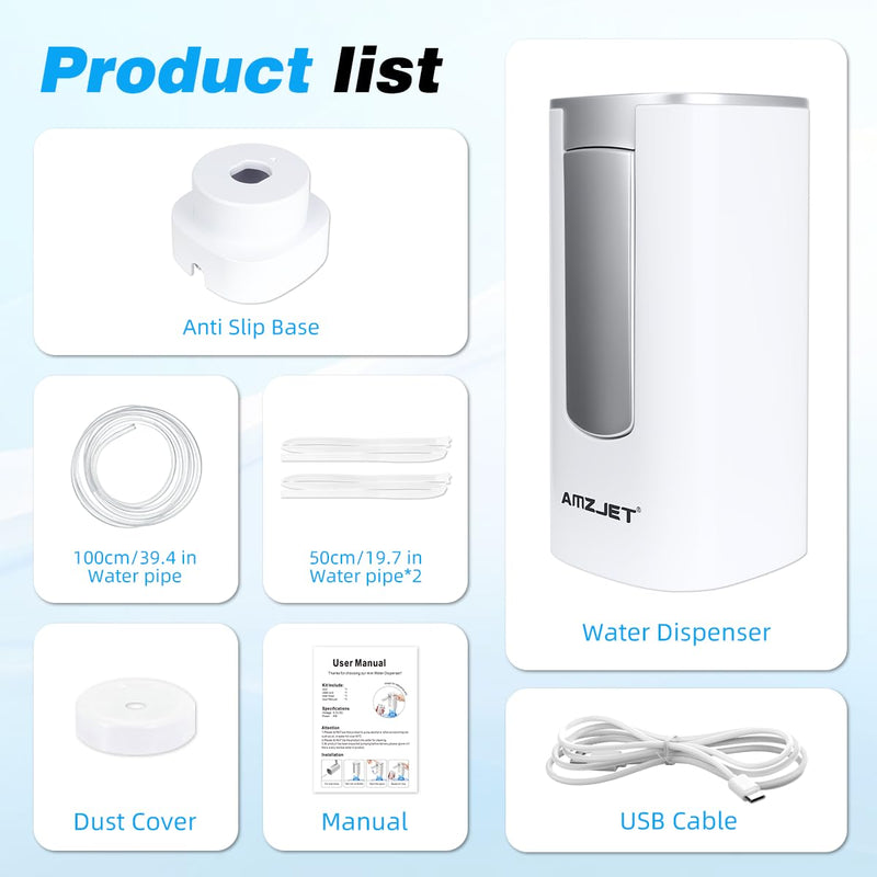 Water Dispenser for 5 Gallon Bottle with Digital Display, 4 Dispense Modes, Portable USB Charging Electric Water Pump, Foldable Spout, Food-Grade Water Jug Pump for Home, Office, RV, Campin(White) White