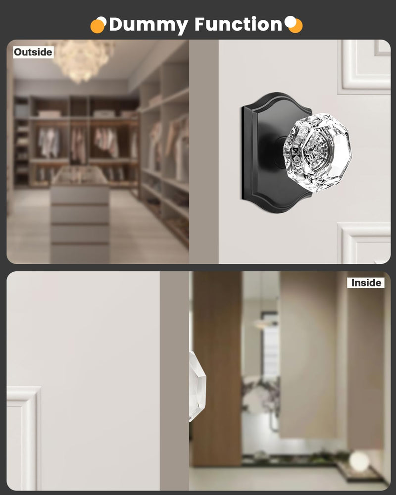 Gobrico Matte Black Dummy Crystal Door Knobs, Single Side No-Turning Glass Door Handles, 2 Pack Inactive Diamond Octagonal Knob Sets