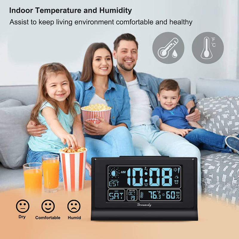DreamSky Alarm Clocks for Bedrooms with Battery Backup, Auto Set Digital Clock with Date and Day of Week, Indoor Temperature Humidity, Moon Phase, Dimmer, Auto DST, USB Port Black-humidity & Moon Phase