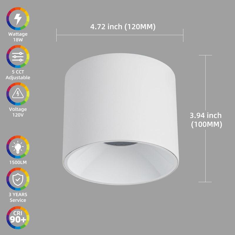 Modern LED Ceiling Spotlight 5CCT 4.72 inches 18W Dimmable Ceiling Light,2700K-5000K,for Living Room Spotlight Indoor(White) White