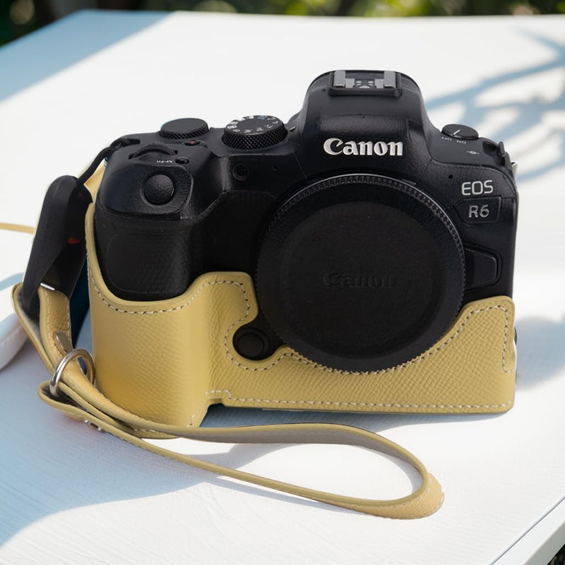 for Canon EOS R6/R6II Camera Case,Handmade Genuine Real Leather Half Camera Case Bag Cover for Canon EOS R6/R6II Camera Bottom Opening Version + Hand Strap (Yellow) yellow