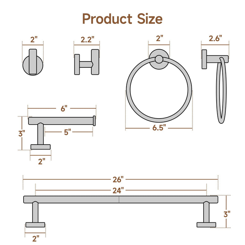 USHOWER Matte Black Bathroom Hardware Set, Modern 24-Inch Towel Bar Set Wall Mounted, Durable SUS304 Stainless Steel Bathroom Accessories Set, 4-Piece 24 Inch (4PCS)