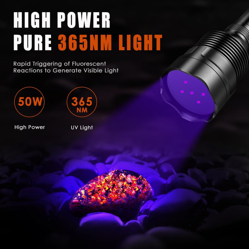 Black Light UV Flashlight, 5LEDs UV Light 50W Powerful Blacklight Torch Professional Grade Beam for Pet Urine Finding & Mineral, Antique Detection, Scorpion Search,Commercial Use (UV500_365nm) UV500_365nm