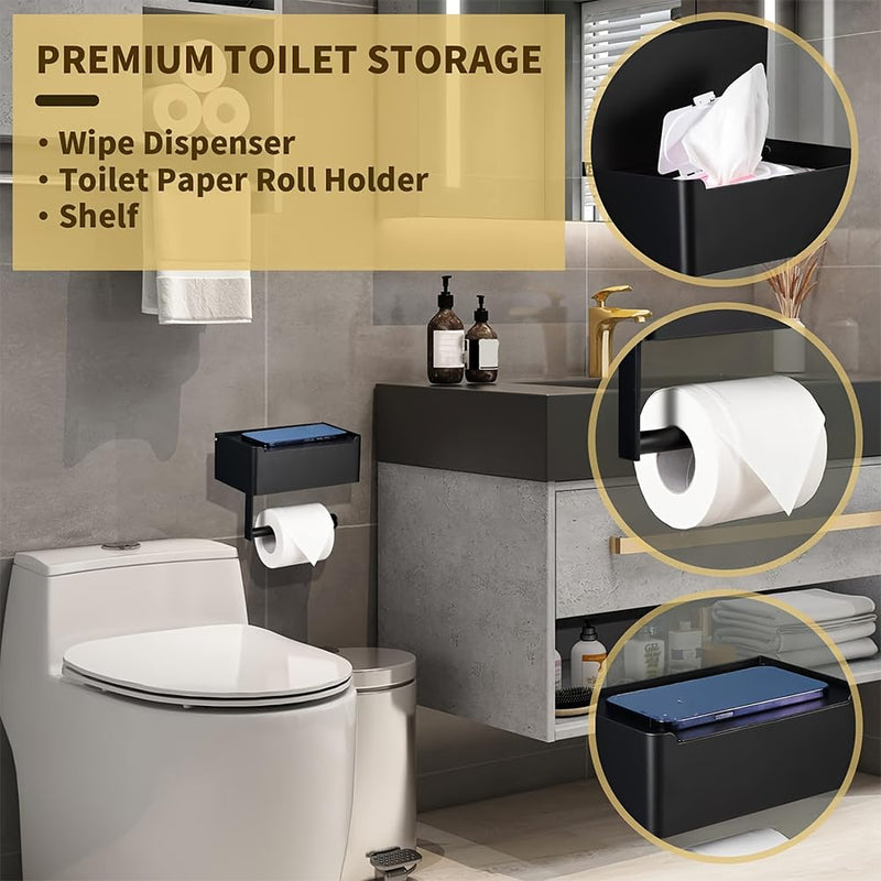 Toilet Paper Holder with Shelf,Rustproof Flushable Wipes Dispenser,Self Adhesive Drilling Toilet Paper Holder Wall Mount,Tissue Holders with Storage,Wipe Holders for Bathroom(Single roll) Single Roll