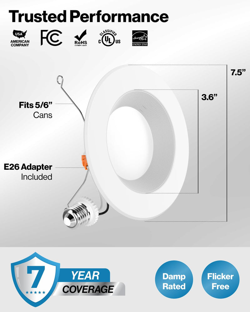 Sunco 6 Inch LED Recessed Light, Retrofit Downlight Can Lights for Ceiling, Baffle Trim, 1050 LM, 13W (75W Equivalent), 5000K Daylight, Dimmable, Damp Rated UL 4 Pack