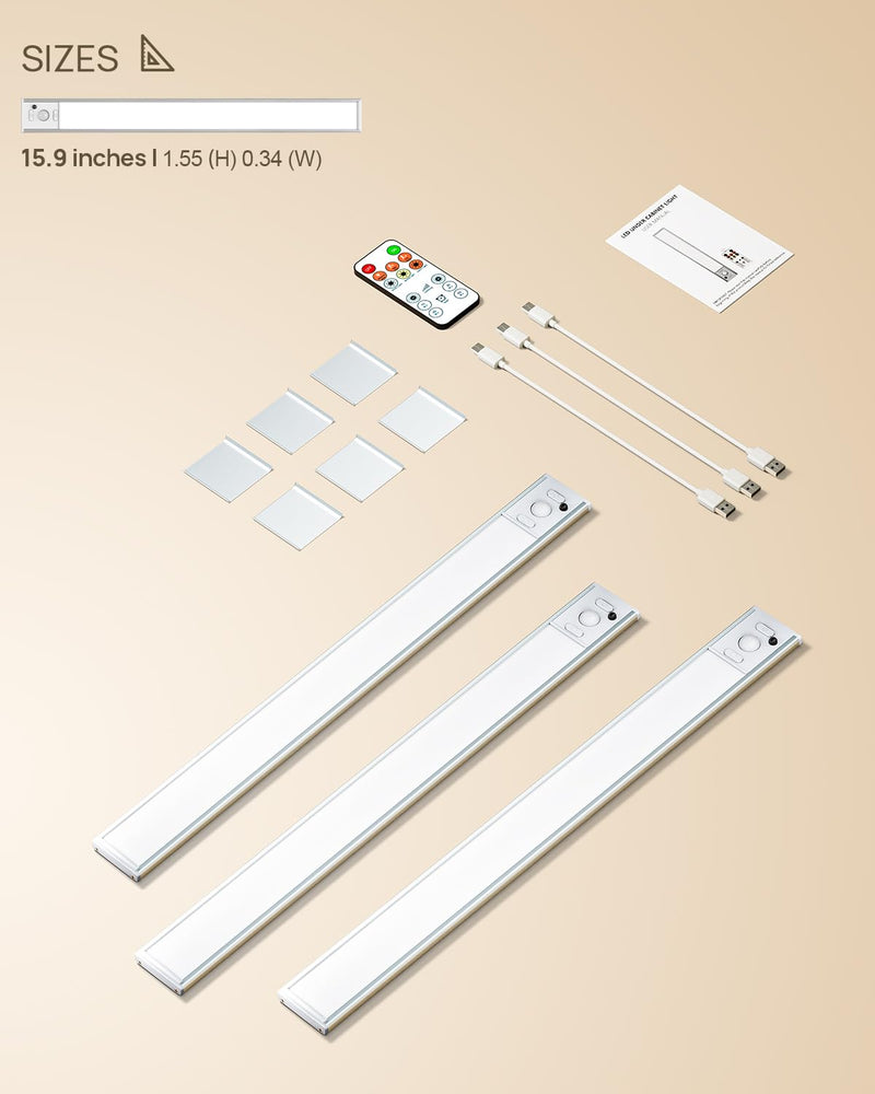Under Cabinet Lights,80 LED Motion Sensor Light Indoor,4000mAh USB Rechargeable Closet Lights with Remote Control,3 Color Temps Wireless Under Counter Lights for Bedroom,Kitchen,Wardrobe,Stair White-15.9 Inch 3 Pack