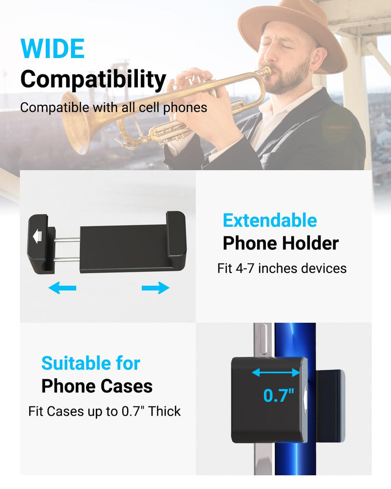 Trumpet Lyre Phone Music Holder – Adjustable Cornet Smartphone Mount, Marching Band Sheet Music Clip for iPhone 16 Pro Max, Galaxy, All 4-7" Smartphone