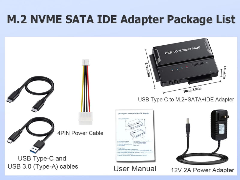 M.2 NVMe SSD Enclosure, USB to M.2 and IDE SATA Adapter Hard Drive Reader | 10Gbps USB-C/A to M.2 NVMe Adapter For all Size M.2 SSD(M Key&M+B Key), 3.5 2.5-Inch SSD/HDD with 12V/2A Power Adapter