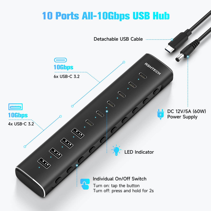 RSHTECH 10-Port Powered USB C 3.2 Hub 60W with 10Gbps USB 3.2 Ports(6C+4A) | Individual ON/OFF Switches, 3.3ft Detachable Cable, Aluminum USB Extender Hub for Laptop PC, RSH-H10C6