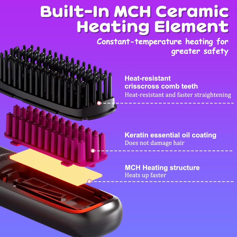Hair Straightener Brush UK,Go Brush Pro UK, Cordless Hair Straightener Brush, Portable Straightener Brush with 4 Heat Settings, LED Display, Glow Wave Heated Brush for Short Hair Travel Home