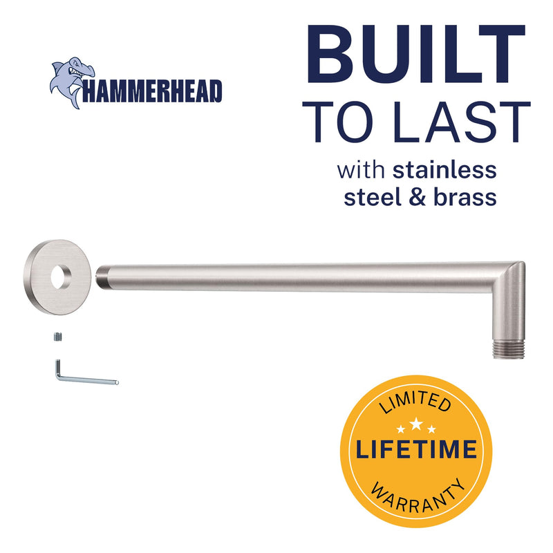 HammerHead Showers® Solid Metal 16 Inch Extended Shower Arm and Flange with Set Screw, Long Shower Arm, Extends Rain Shower Overhead, Wall-Mounted Rain Shower Arm, Brushed Nickel