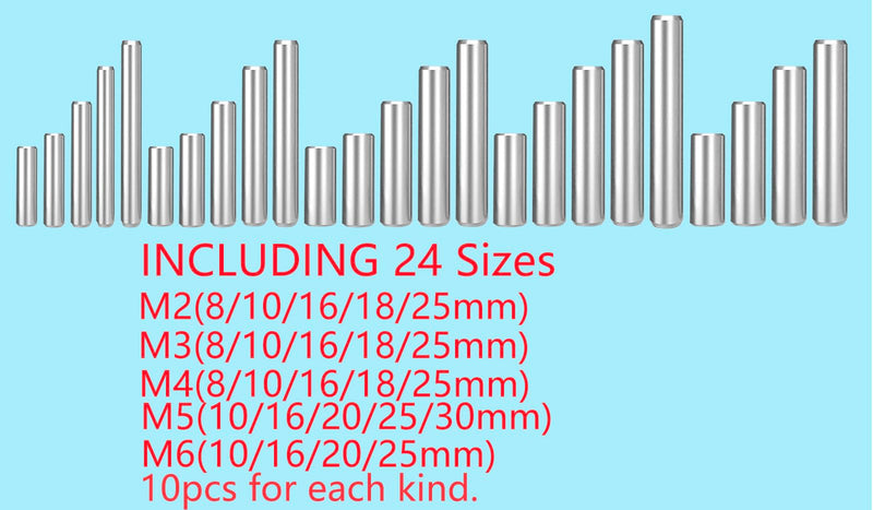 240Piece Dowel Pin Cylindrical Shelf Support Peg 304 Stainless Steel Rod Fasten Elements Assortment Kit, 24 Sizes M2 M3 M4 M5 M6 (240Piece Dowel pin 24 Sizes) 240Piece dowel pin 24 Sizes