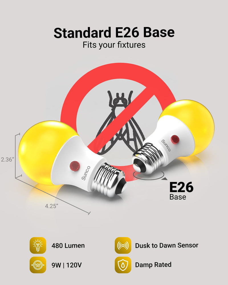 Sunco 6 Pack Yellow Light Bulbs Outdoor A19, LED Bug Lights for Outside Dusk to Dawn, 480 LM, 9W, 2000K Amber Glow, Auto On/Off Photocell Sensor, E26 Base, for Porch Patio Deck Backyard UL 6 Count (Pack of 1) Yellow 2k