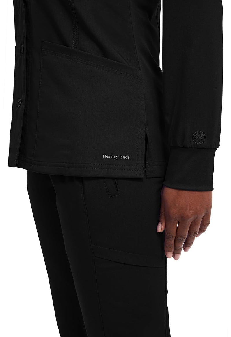 Healing Hands Women's Snap Front Scrub Jacket Daisy 2-Way Stretch Uniform 5063 Large Black