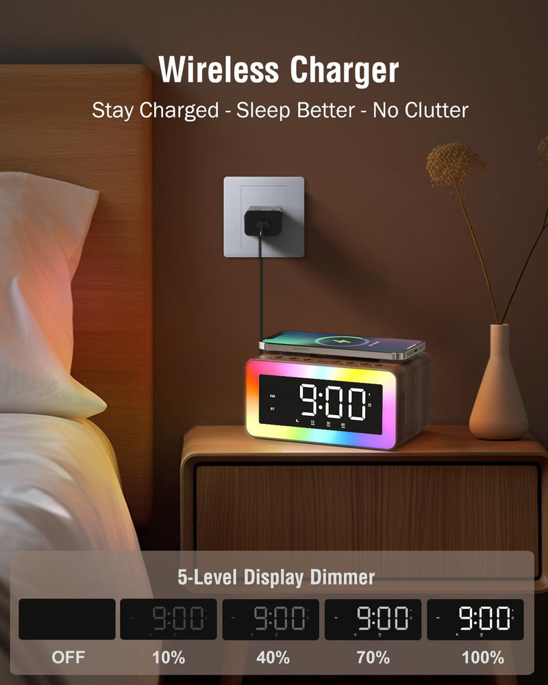 Alarm Clock with Wireless Charging, Bluetooth Speaker, White/Brown Noise Sound Machine Night Light, Wooden Digital Alarm Clocks for Bedrooms, Wireless Charger for iPhone, Birthday Gifts for Men Women