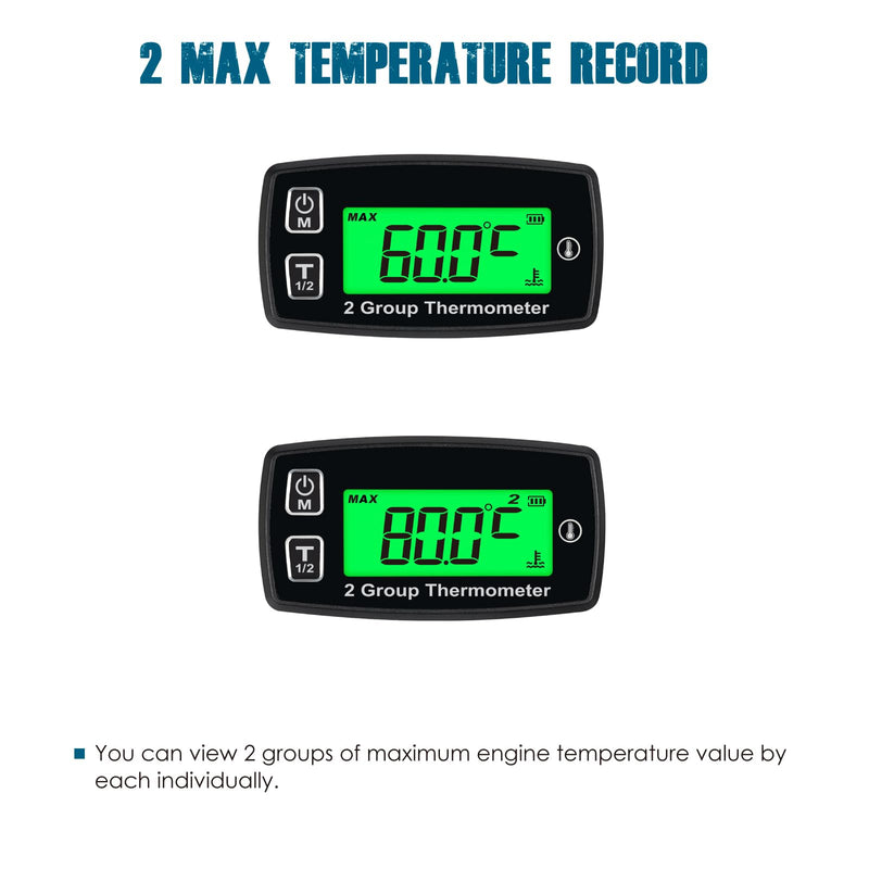 Runleader Digital LCD Engine Temp Gauge,Dual Temperature Record,Backlight Display,User Shutdown,Battery & External Power Supply for Generator Motorcycle Dirtbike ATV Outboard Motor Marine Snowmobile