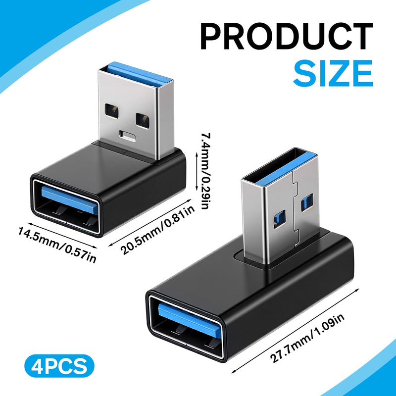 4 Pack 90 Degree USB 3.0 Adapter, Right Angle USB Adapter,Left and Right Angle and Vertical up and Down Angleusb a Male to Female Converters Extend for Power Bank, Chargers, Laptops, USBDisk