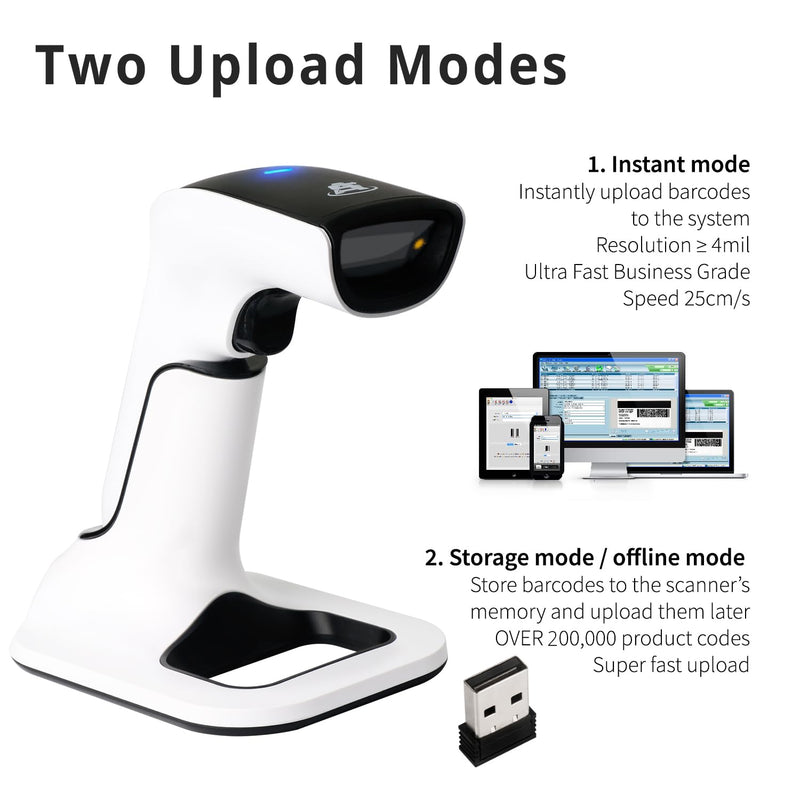 ScanAvenger Wireless Portable 1D&2D with Stand Bluetooth Barcode Scanner: 3-in-1 Handheld Scanner, Rechargeable Battery for Inventory - USB Bar Code/QR Reader (1D&2D with Next Gen Stand) 1D&2D With Next Gen Stand