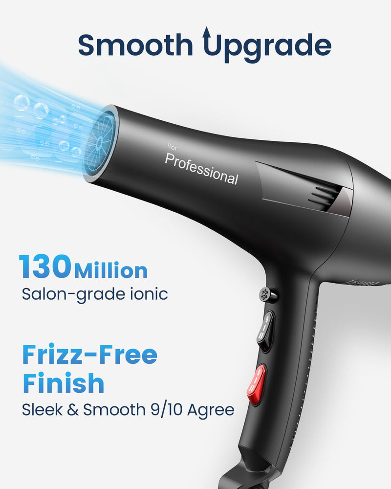 Banniliu 2000W 130M Ionic Hair Dryer with 4 Attachments | Professional Blue Light Anti-Frizz Hairdryer Fast Blow Dryer for Women Curly Hair Midnight Black