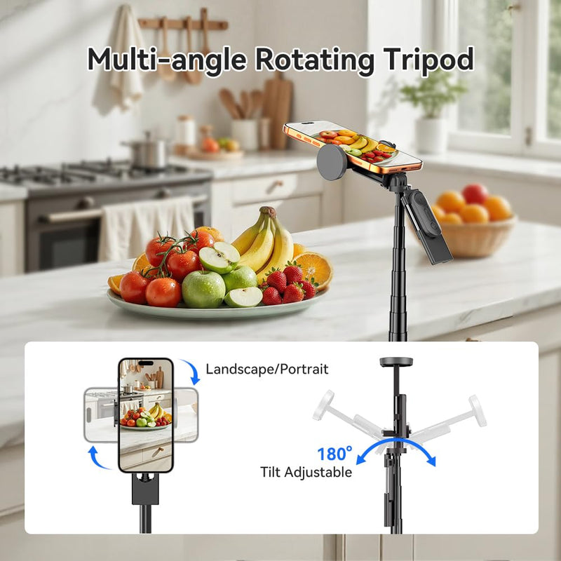 62.9" Selfie Stick Tripod - One-Button Pop-Open Phone Tripod with Remote. | Selfie Stick Tripod Stand | One-Button Instant Open, One-Pull Fold, Portable with Magnetic Remote, iPhone Android Compatible Black