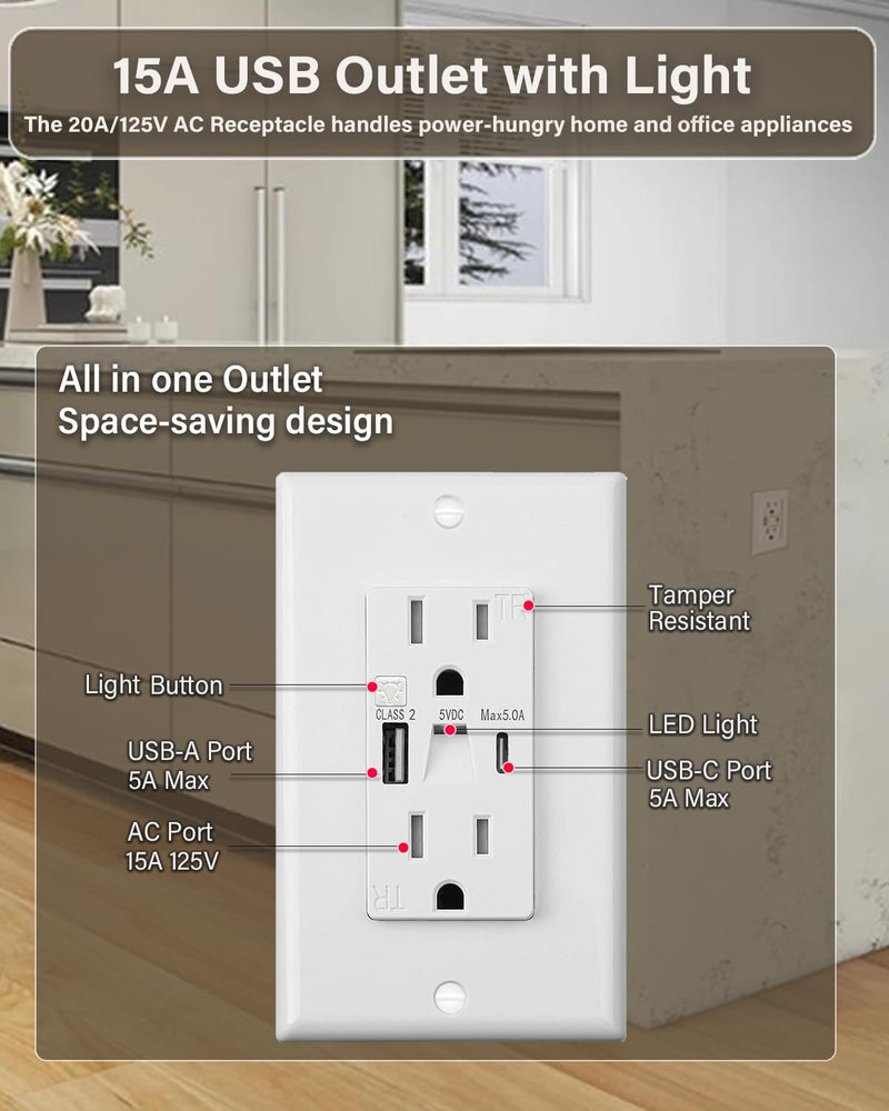 USB Outlet with Light, Modern 15A Standard Outlet with Night Light, USB Type A & Type-C Electrical Outlet with Light,Tamper Resistant(TR) Receptacle Outlet with LED Light-Easy to Install (4PCS, White) 4