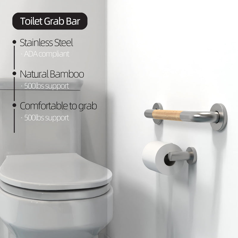 Safety Grab Bar for Bathroom & Toilet, Natural Bamboo Handle, ADA Compliant Balance Assist Handrail for Handicap and Seniors, 16in Brushed Nickel