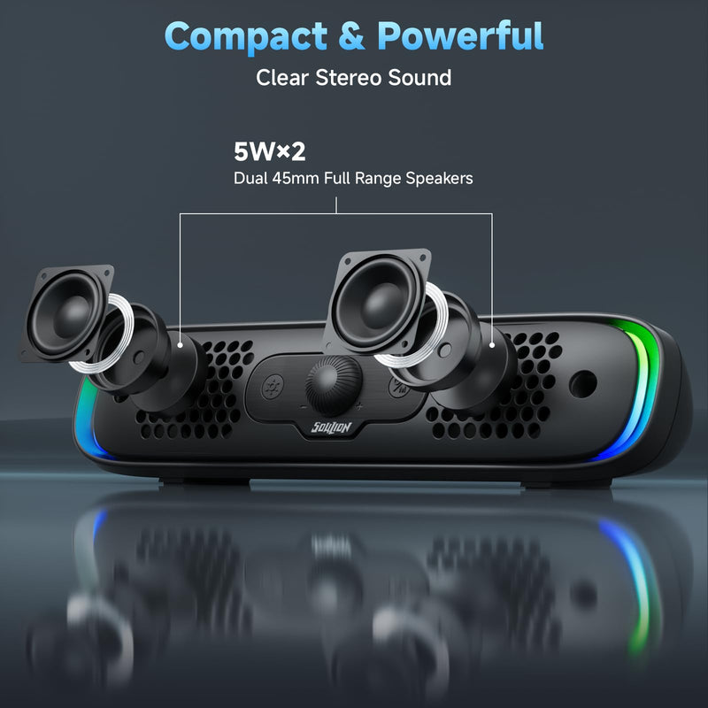 SOULION R200 Bluetooth Computer Speakers, Compact PC Speakers, USB C/USB Plug & Play Desktop Speaker with Colorful LED Lights, Clear Sound PC Soundbar for Computer Desktop Laptop Monitor