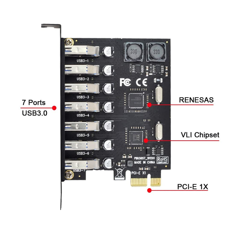 chenyang 7 Port PCI-E 1X to 7 USB 3.0 HUB PCI Express Expansion Card Adapter with 120mm PCI-E Slot Bracket Black 7 Ports