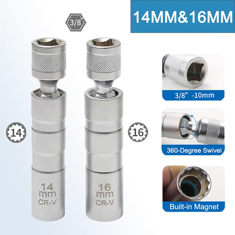 14mm&16mm （9/16"&5/8"） Magnetic Swivel Spark Plug Socket,Thin Wall 12 Points 3/8" Drive Spark Plug Socket,Car Tools,Magnetic Rotating,360-Degree Swivel,Suitable for Most Motorcycle,Car,SUV Short 2PC（14+16mm）