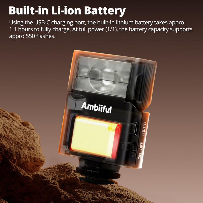Ambitful AF10 Mini Camera Flash, Rechargeable Manual Speedlite | 90 tilt head, LED continuous light, USB-C charging, single-contact hot shoe for Sony Canon Nikon Fuji Ricoh