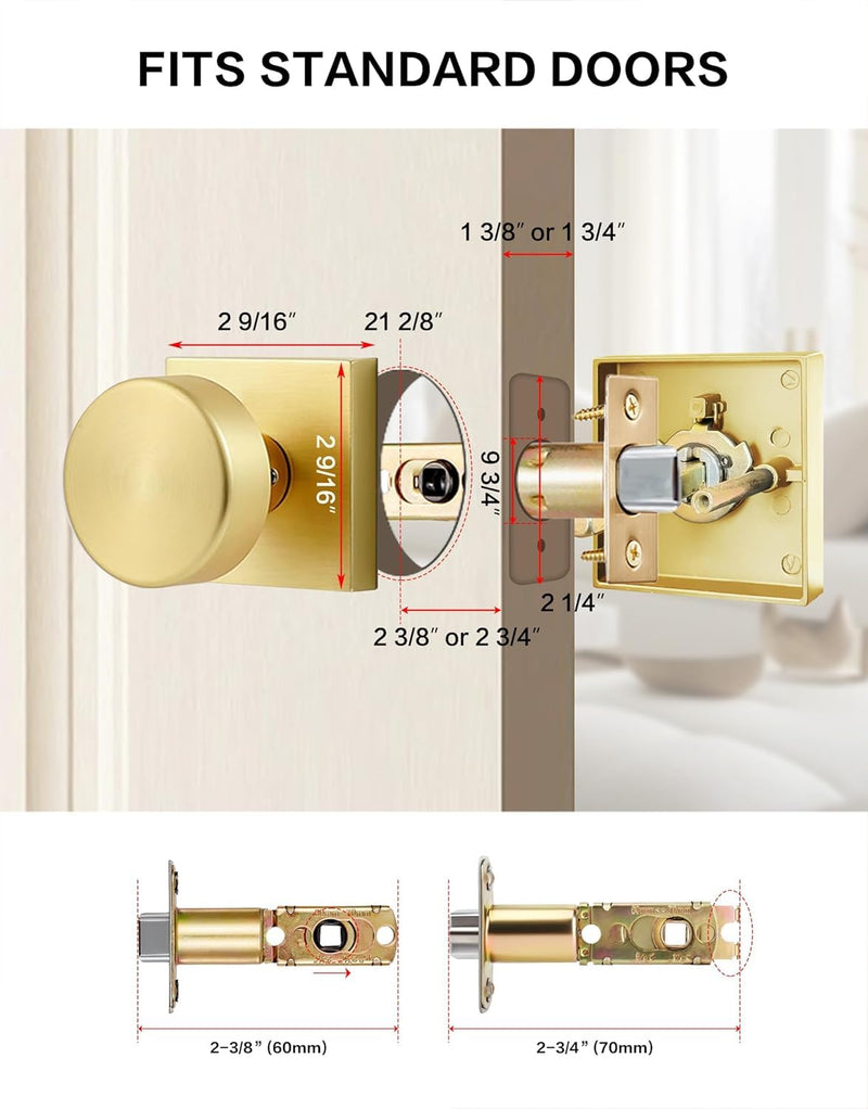 Lethato Brushed Gold Interior Passage Door Knob, Contemporary Zinc-Alloy Heavy Duty Door Knobs, Round Gold Handle, Non-Locking Doorknob for Hallway Closet Bedroom Bathroom (1 Pack) 1 Pack(Passage)