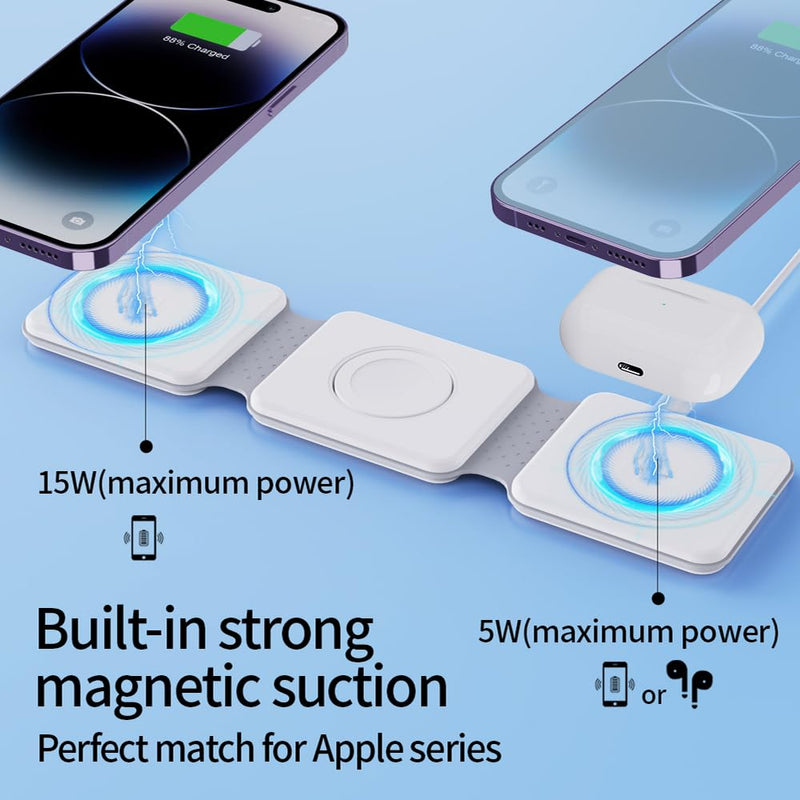 3-in-1 Wireless Charger for iPhone iWatch AirPods, Foldable Magnetic 18W Fast Charging Station for Multiple Apple Devices, Charging Stand for Travel and Desktop Use