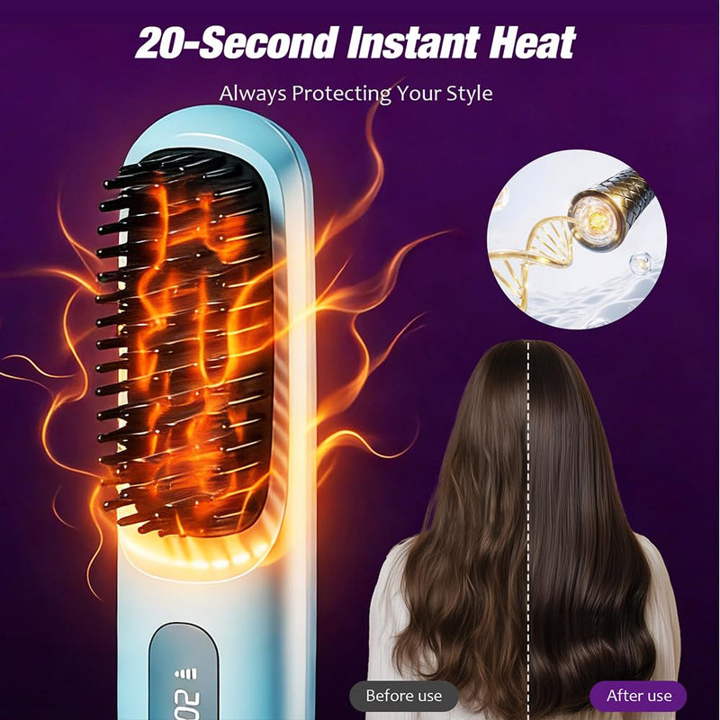  [AUSTRALIA] - GlowWave Heated Brush, 2026 Cordless Hair Straightener Brush, 3 Heat Settings & LED Screen Glowcept Heated Brush, Portable & Rechargeable Heated Styling Brushes for Travel & Everyday Use (Blue)
