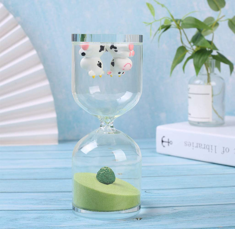 Falytemow 30 Minutes Hourglass Green Farm Sand Timer Cute Cow Desktop Decoration for Kitchen School Teaching