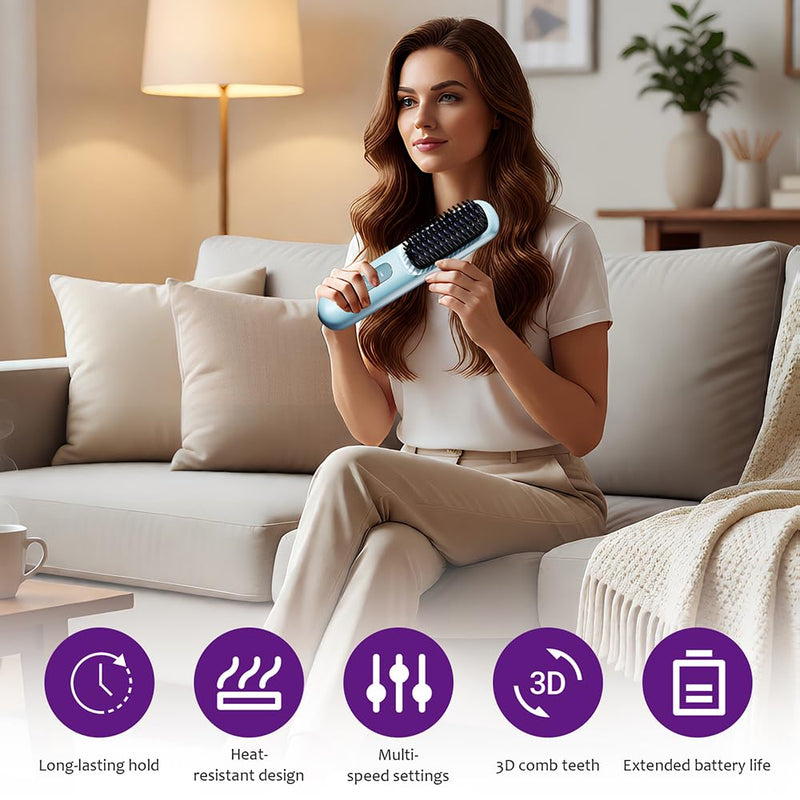  [AUSTRALIA] - GlowWave Heated Brush, 2026 Cordless Hair Straightener Brush, 3 Heat Settings & LED Screen Glowcept Heated Brush, Portable & Rechargeable Heated Styling Brushes for Travel & Everyday Use (Blue)