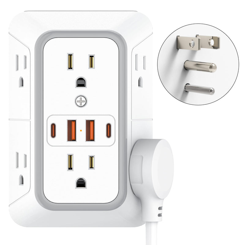 Outlet Extender 6 AC Surge Protection 1050J,Wall Charger 2 USB A&2 USB C | Multi Plug Wall Outlet,6 Outlet Splitter,3-Sided Power Strip,Wide Space Wall Adapter for Home Office Kitchen Travel 1 pack