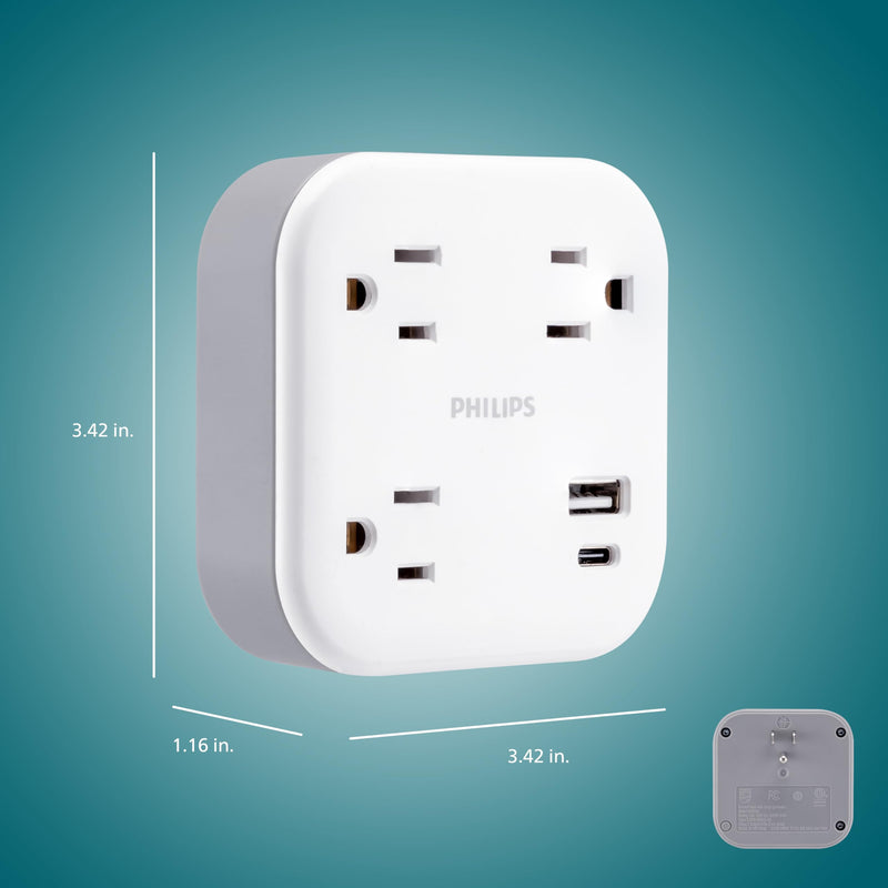 Philips 3-Outlet Surge Outlet Extender with USB, 1 USB-A, 1 USB-C, 12W, 980J, White - SPP9393W/37 3 Outlet | USB