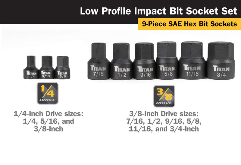 Titan 16140 9-Piece Low Profile Impact SAE Hex Bit Socket Set Stubby SAE Impact