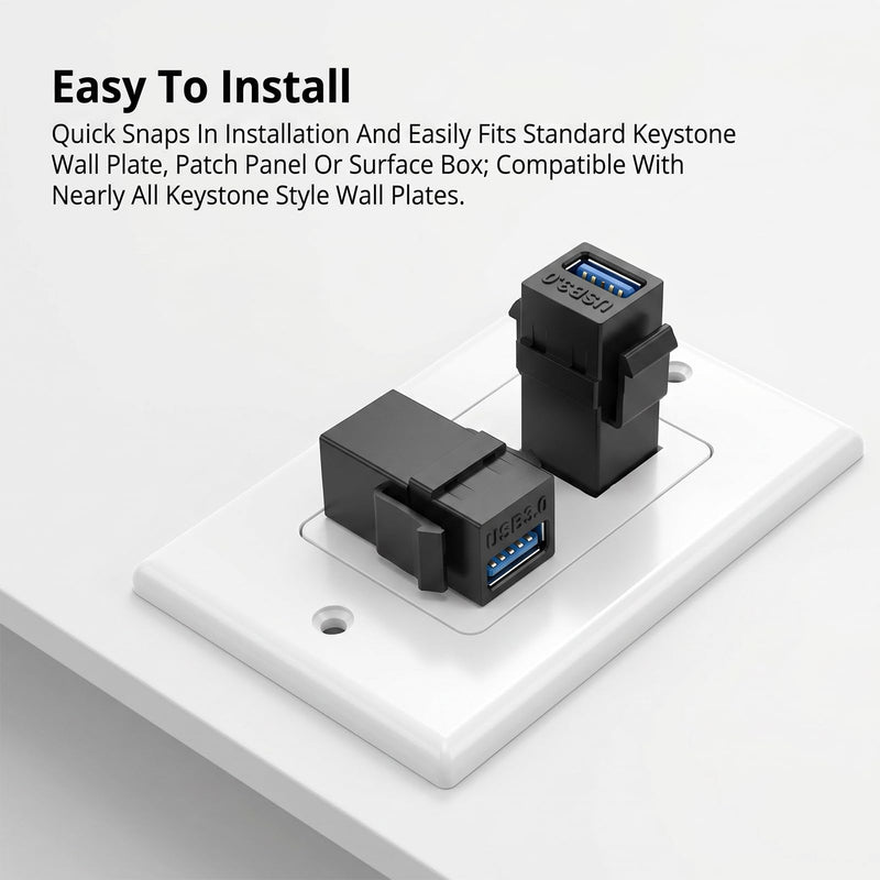 USB 3.0 Keystone Jack Insert, 5 Pack USB Keystone Jack Female to Female Coupler for Wall Plates Panels and Wall Plate Outlet Panel, Black