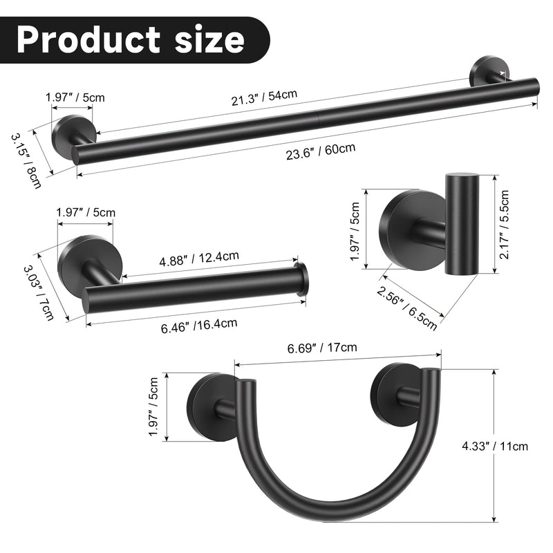 Matte Black Towel Bar Set, 5-Piece Bathroom Hardware Set with Smiley Face Towel Rings, Stainless Steel Wall-Mounted Towel Rack Set 23.6 Inch