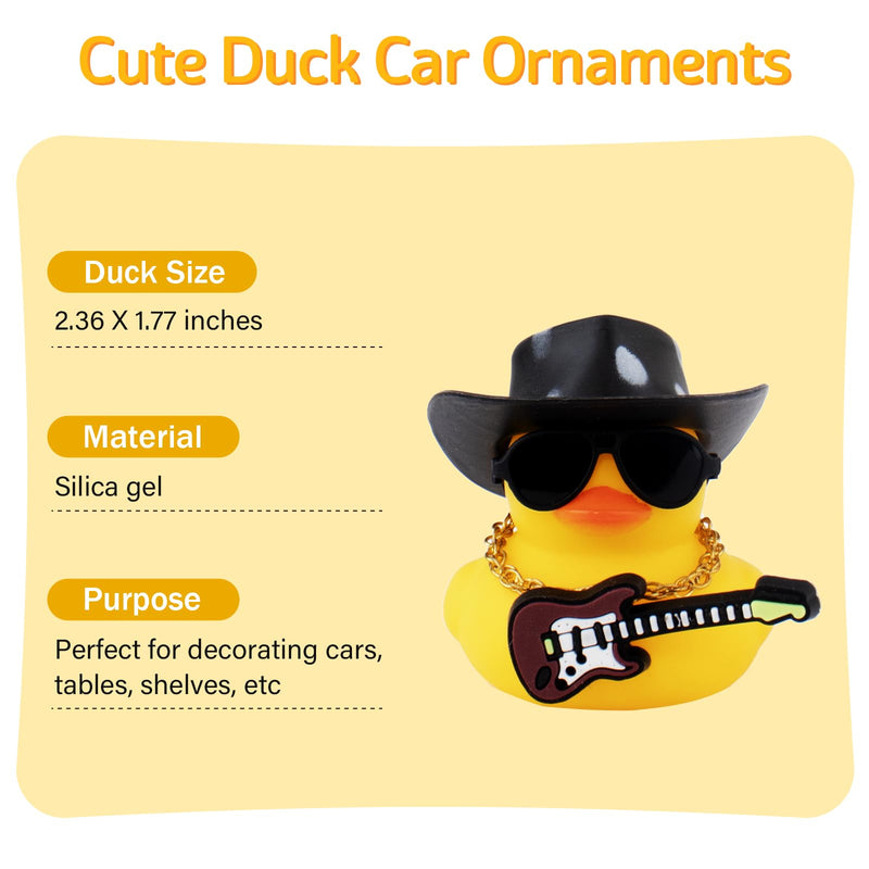 wonuu Rubber Duck Car Ornaments Guitar Duck Cool Car Accessories Car Dashboard Decorations with Cowboy Hat Necklace and Sunglasses, Black&White